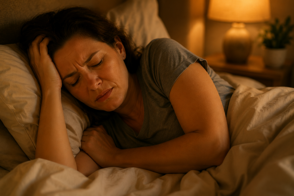 Person sleeping restlessly showing signs of blood sugar dropping at night