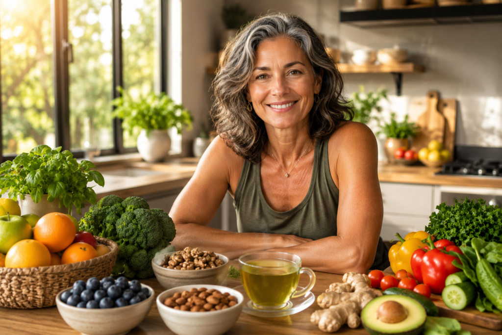 Healthy woman over 50 surrounded by natural metabolism-boosting foods