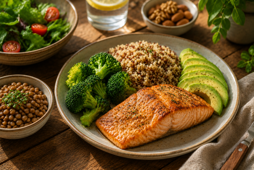 Balanced plate of salmon vegetables and grains for steady blood sugar