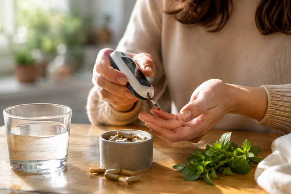 Person checking blood sugar levels with glucometer and berberine capsules