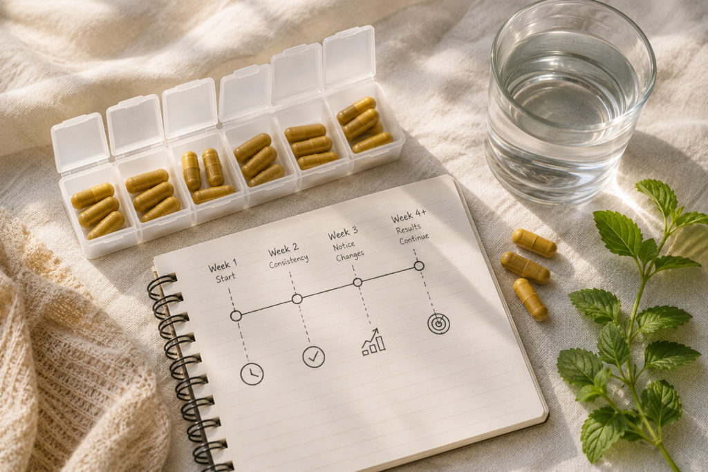 Weekly pill organizer with herbal capsules showing berberine supplement schedule