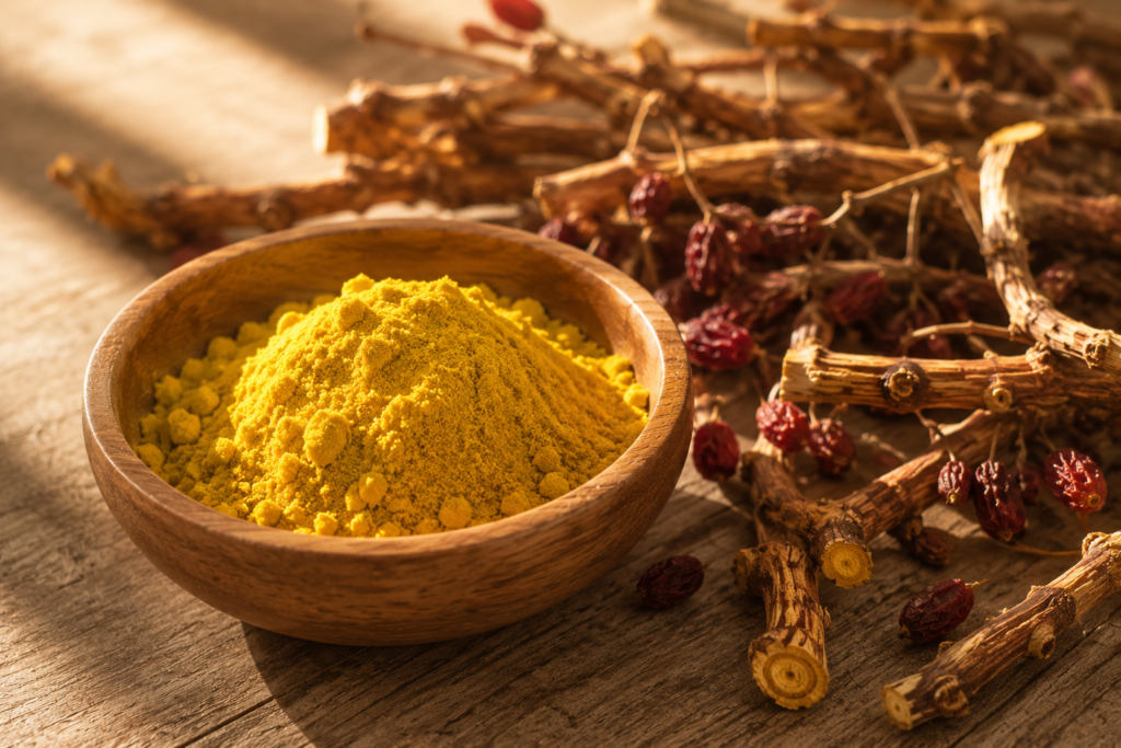 Golden berberine powder in wooden bowl with dried barberry roots nearby