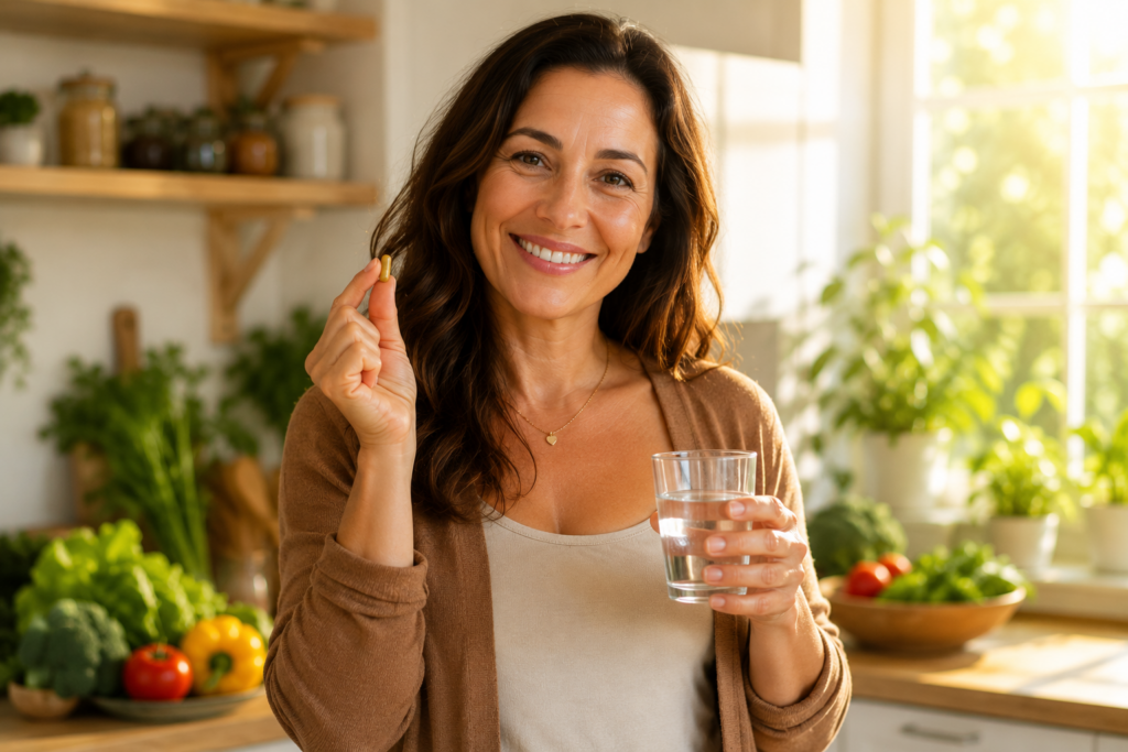 Happy woman taking berberine supplement to support healthy blood sugar levels