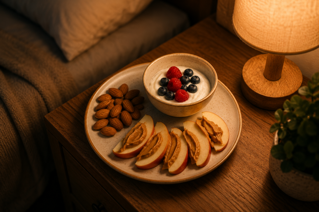 Healthy bedtime snacks for type 2 diabetes on a wooden board
