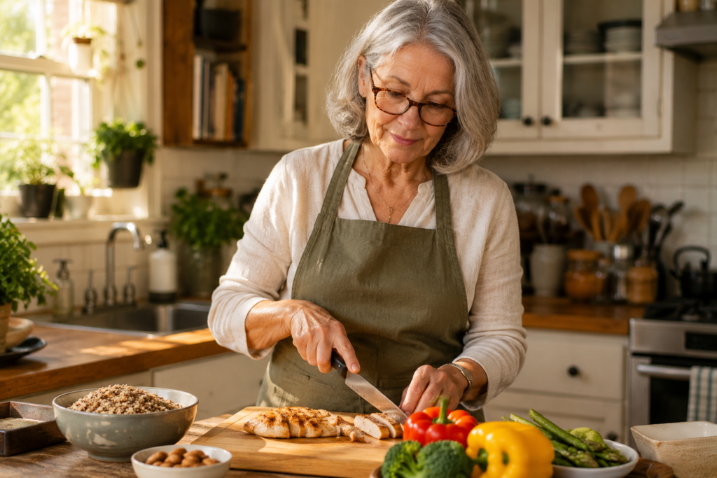 Older woman preparing a balanced meal to prevent blood sugar crashes