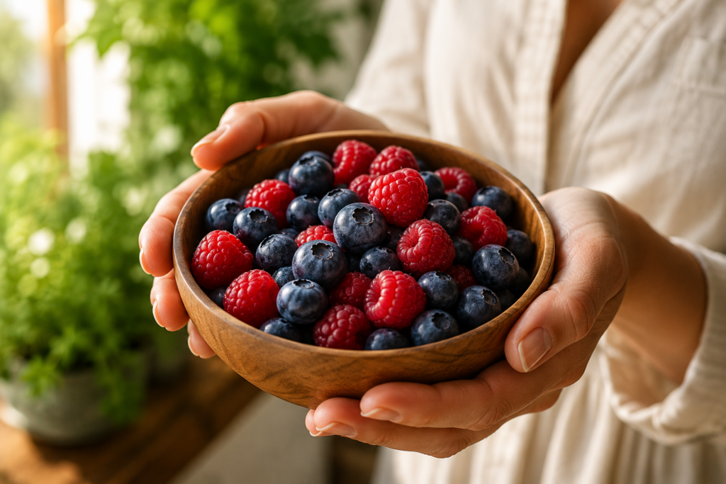 Hands holding bowl of fresh berries as blood sugar friendly fruits