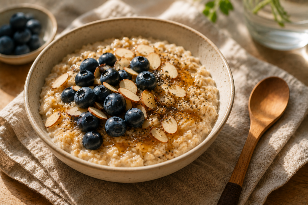 Healthy oat breakfast bowl with berries and nuts stabilizing blood sugar