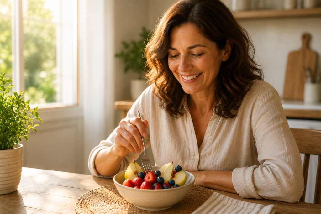 Happy woman enjoying low-glycemic fruits as part of diabetic healthy diet