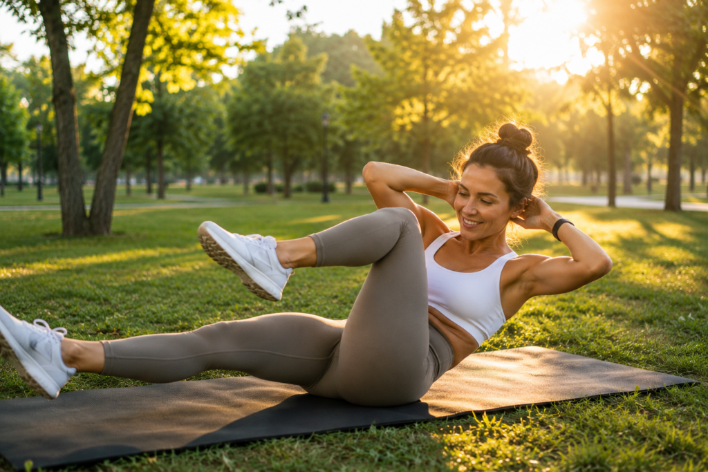 Woman doing core exercise outdoors to burn belly fat naturally