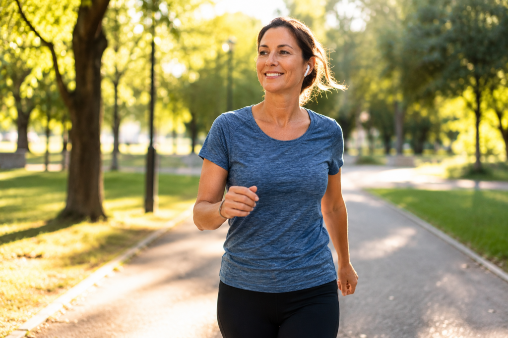 Middle-aged woman walking outdoors to help control prediabetes naturally