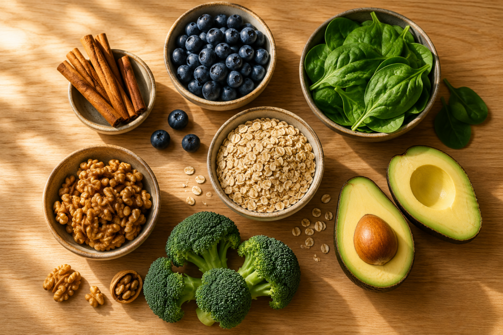 Seven natural whole foods that lower blood sugar arranged on wooden surface