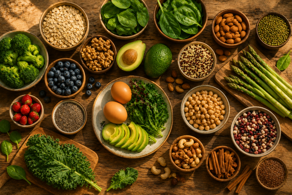 Assortment of whole foods that stabilize blood sugar on wooden table