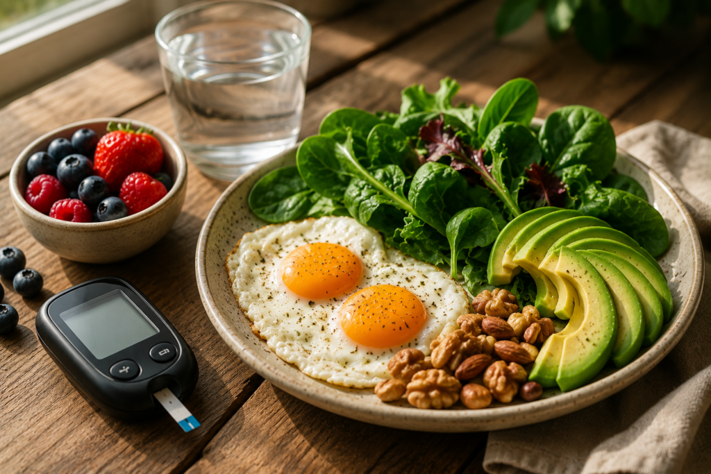 Nutritious low-glycemic breakfast with eggs avocado greens and glucose meter