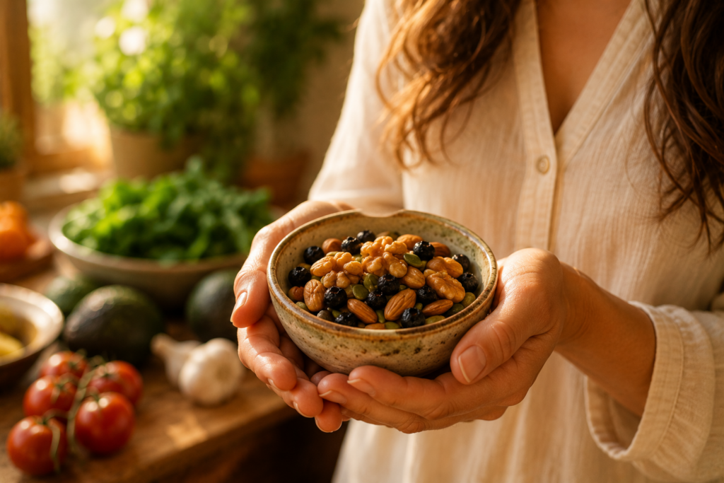 Woman holding bowl of nuts and berries to stabilize blood sugar naturally