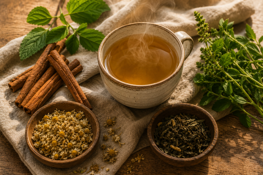 Steaming cup of herbal tea with cinnamon and chamomile for blood sugar control