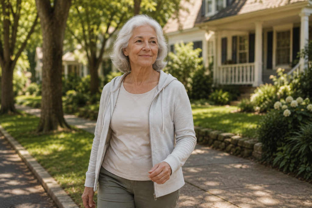 enior woman on gentle morning walk as natural remedy for brain fog