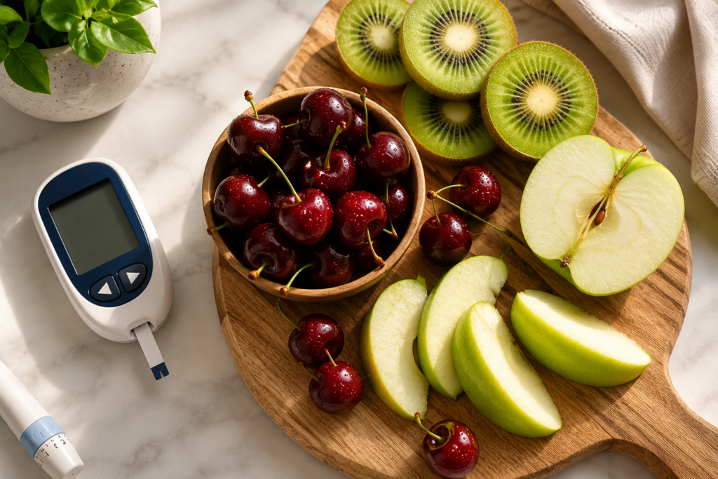 Low glycemic fruits next to glucose meter for diabetic blood sugar control