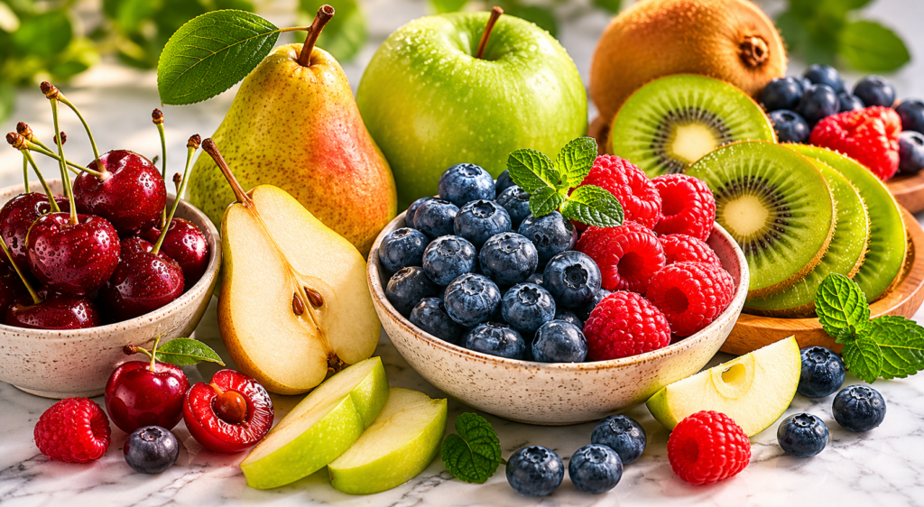 Assortment of colorful low-glycemic fruits safe for diabetics on marble