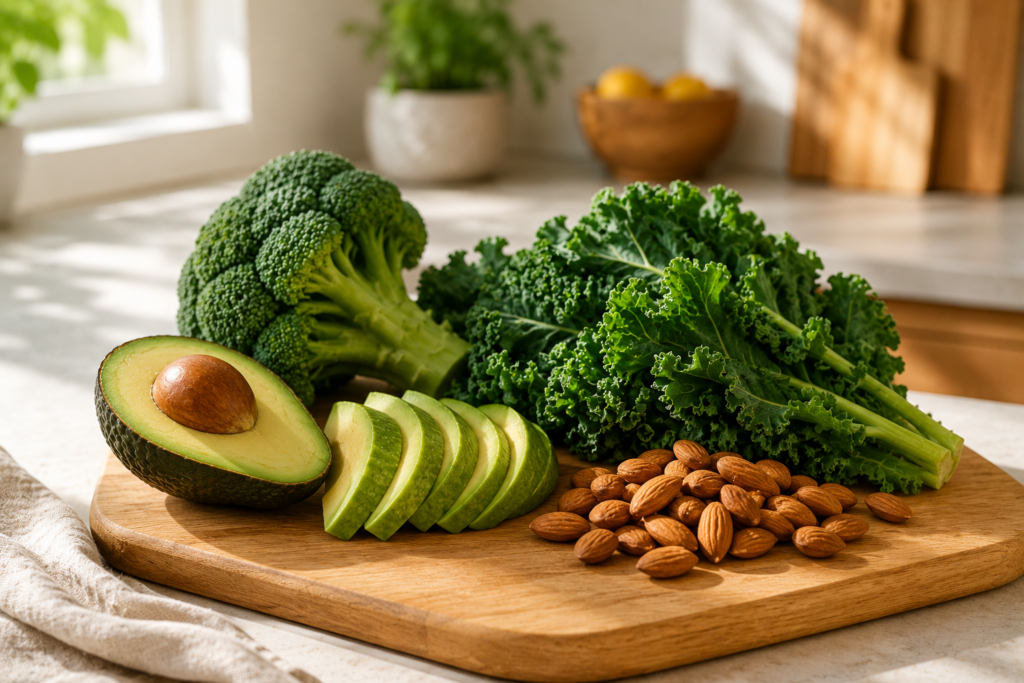 Avocado leafy greens and almonds on cutting board for natural insulin sensitivity