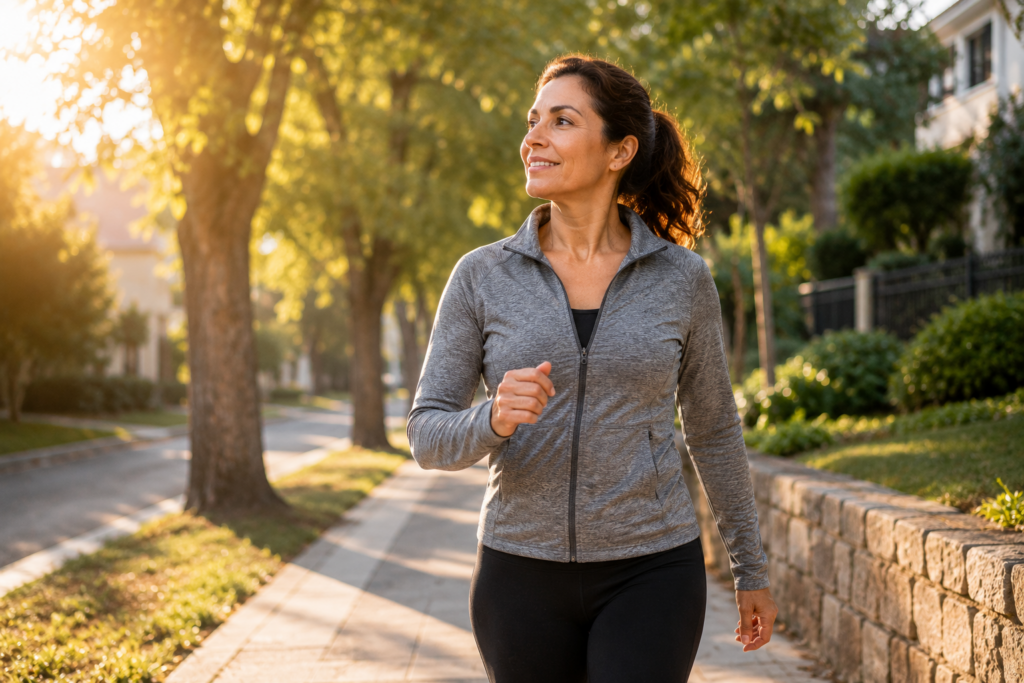 Woman doing morning walk outdoors to naturally reduce blood sugar spikes