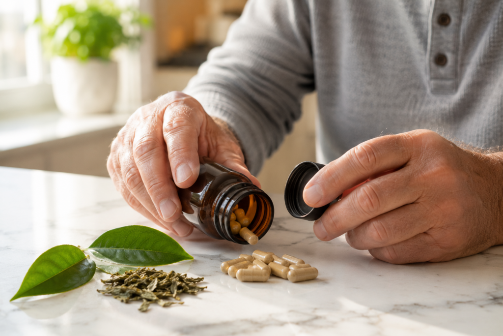 Older man's hands holding open bottle of natural supplement capsules