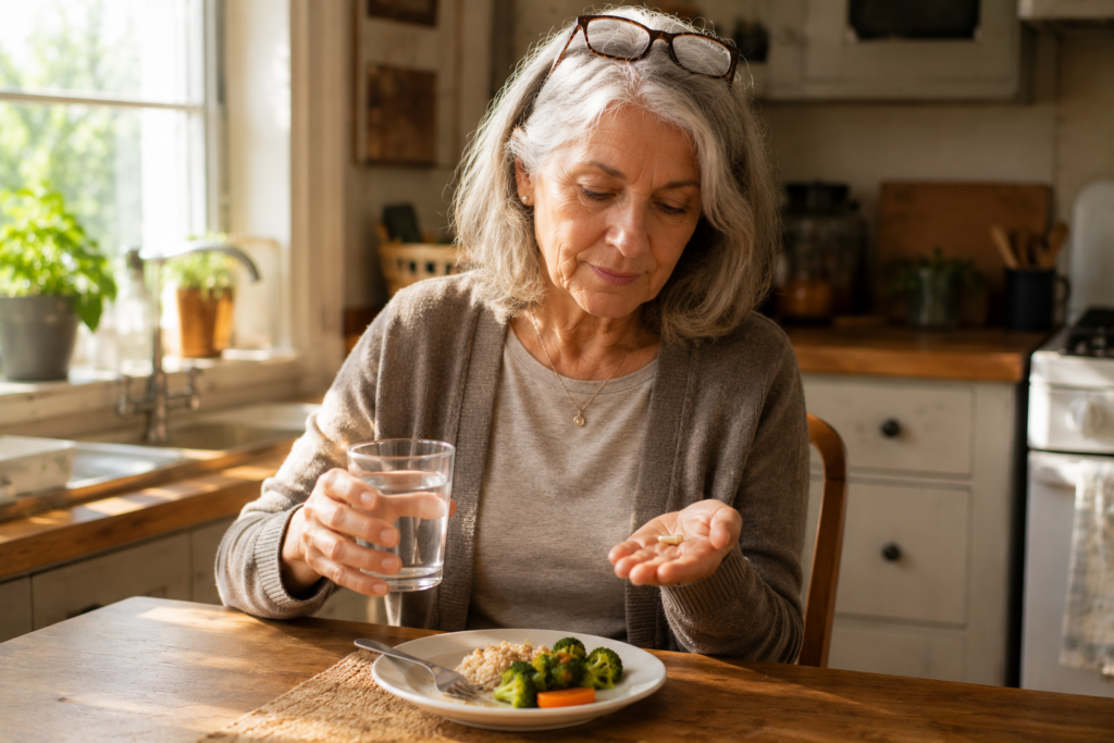 Senior woman examining natural appetite suppressant capsule at kitchen table