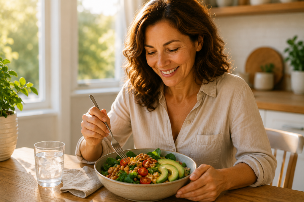 Woman eating blood sugar control foods salad in bright kitchen