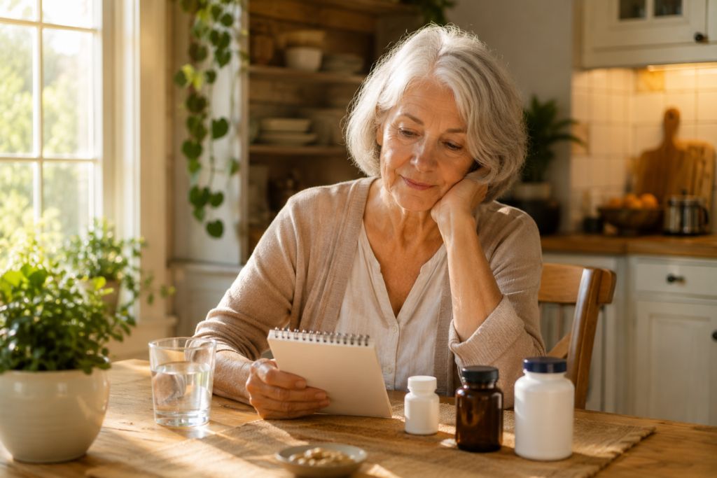 Senior woman sitting at kitchen table reviewing natural remedies for brain fog