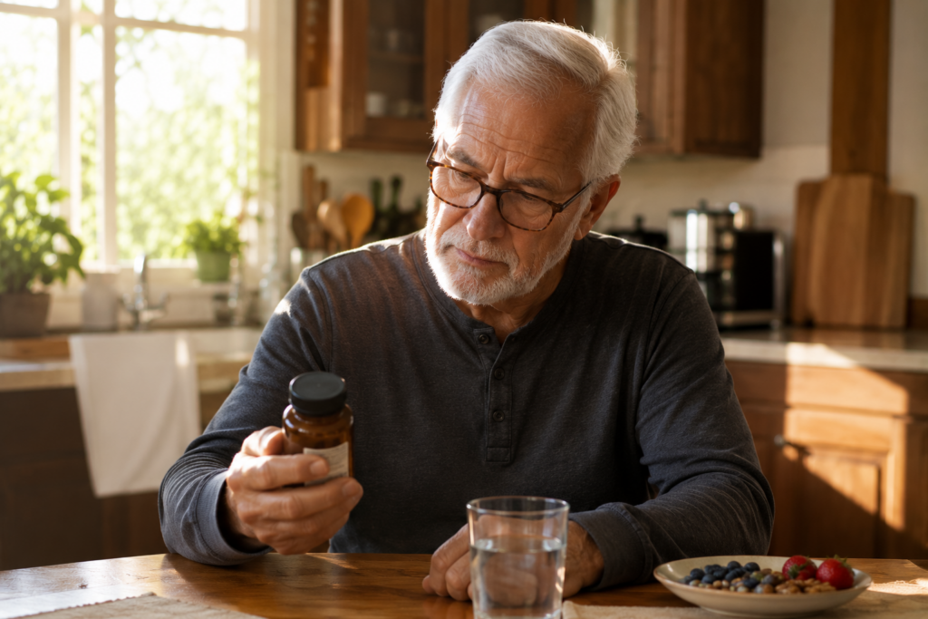 Senior man reviewing natural supplements at home to prevent blood sugar crashes