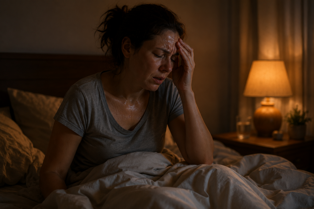 Person waking at night with sweating a low blood sugar symptom