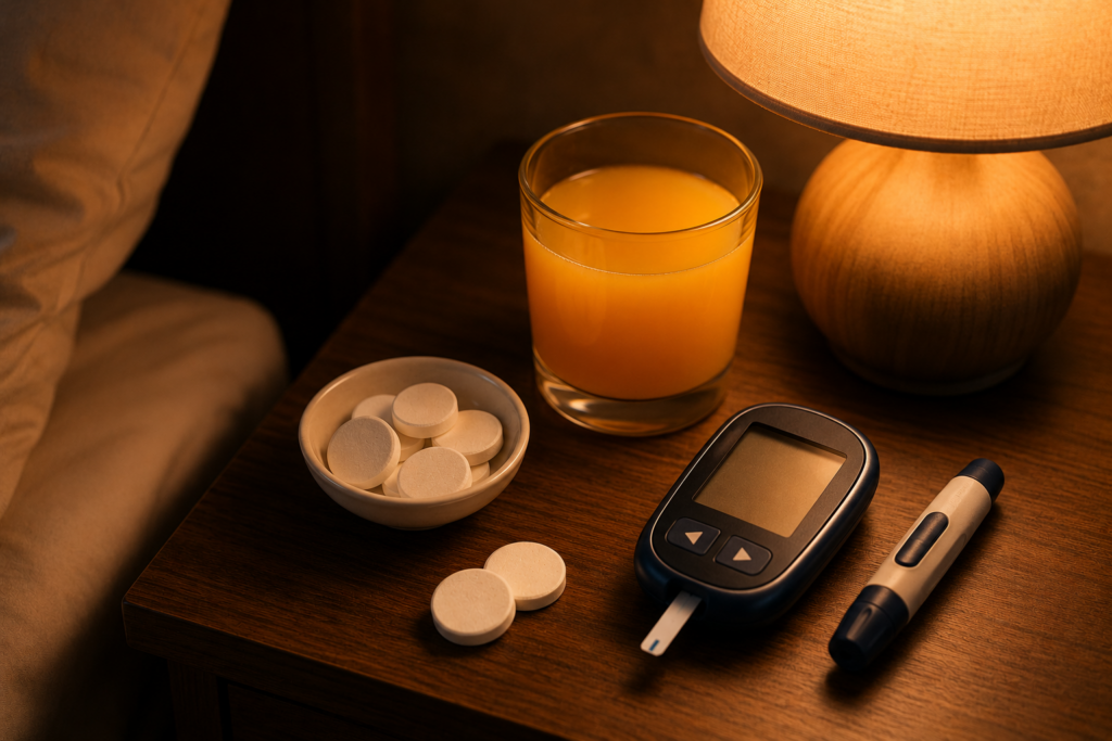 Glucometer and glucose tablets for managing nighttime blood sugar drops