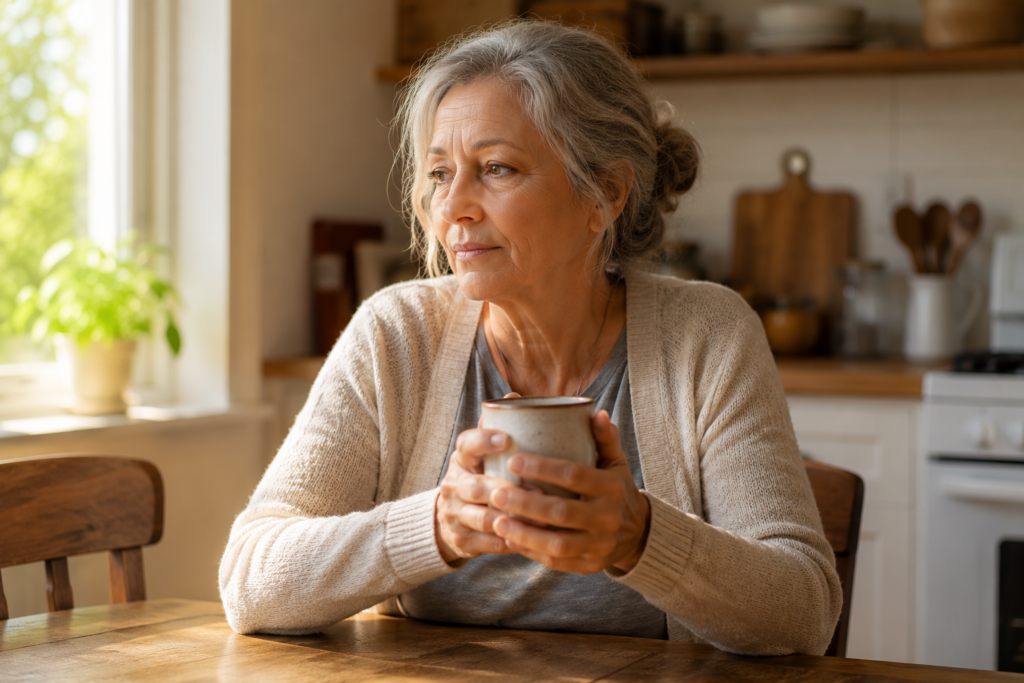 Senior woman sitting at kitchen table managing blood sugar after eating