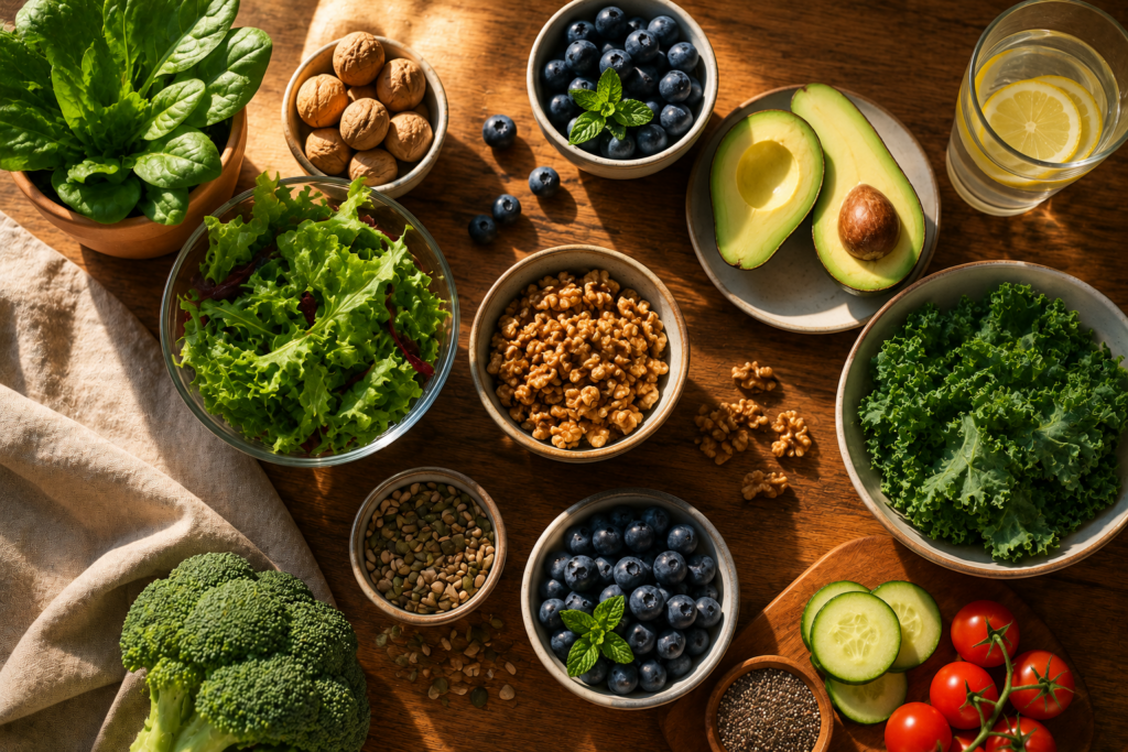 Colorful whole foods on wooden table for reversing prediabetes naturally