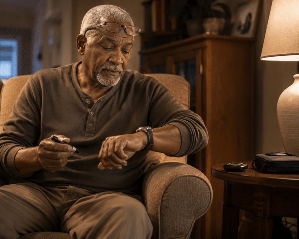 Older man checking glucose meter and wristwatch following the 15-15 rule

