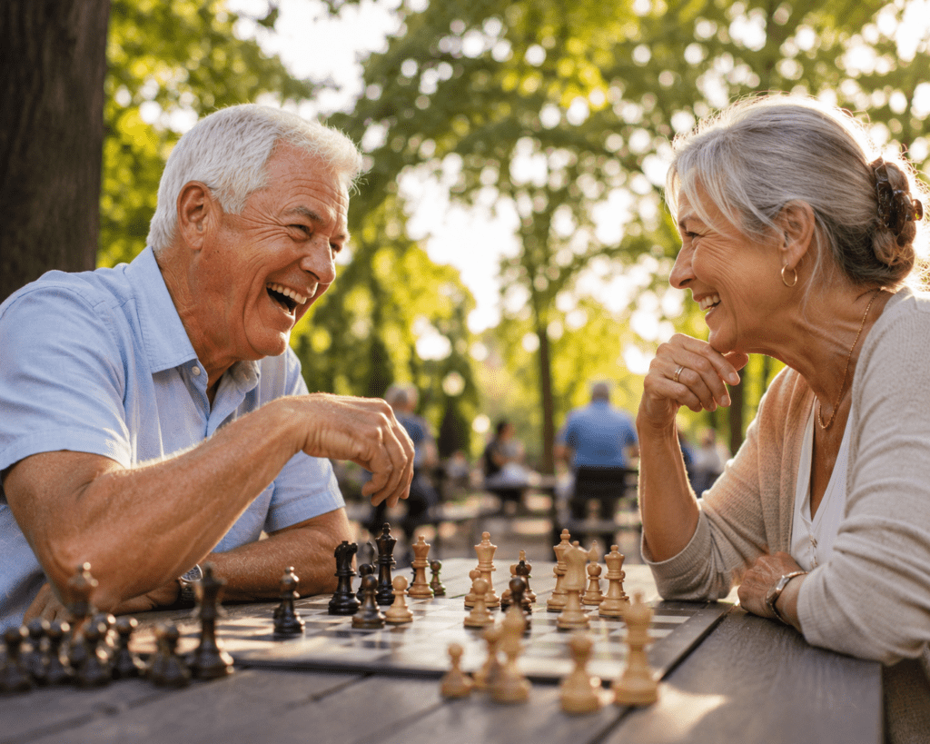 Active adults over 65 playing chess outdoors showing sharp mental vitality