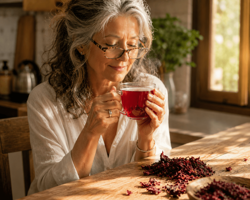 Woman in her 60s drinking hibiscus tea to lower blood pressure naturally