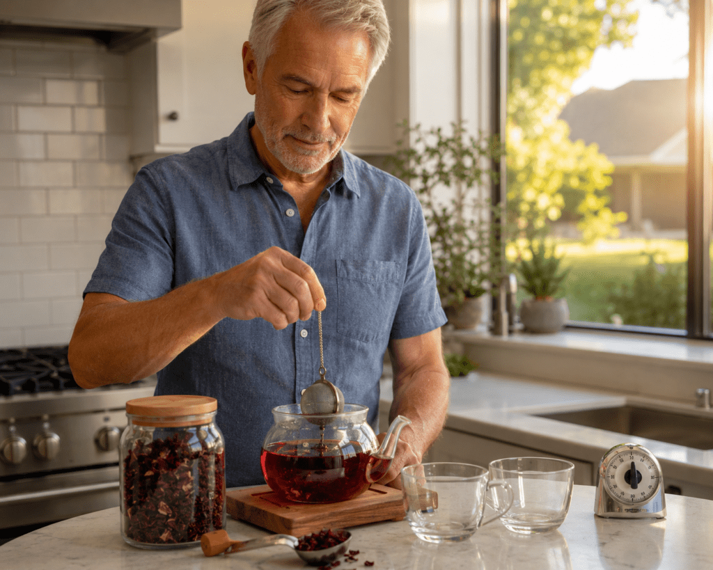 Older man steeping hibiscus tea as part of daily blood pressure routine
