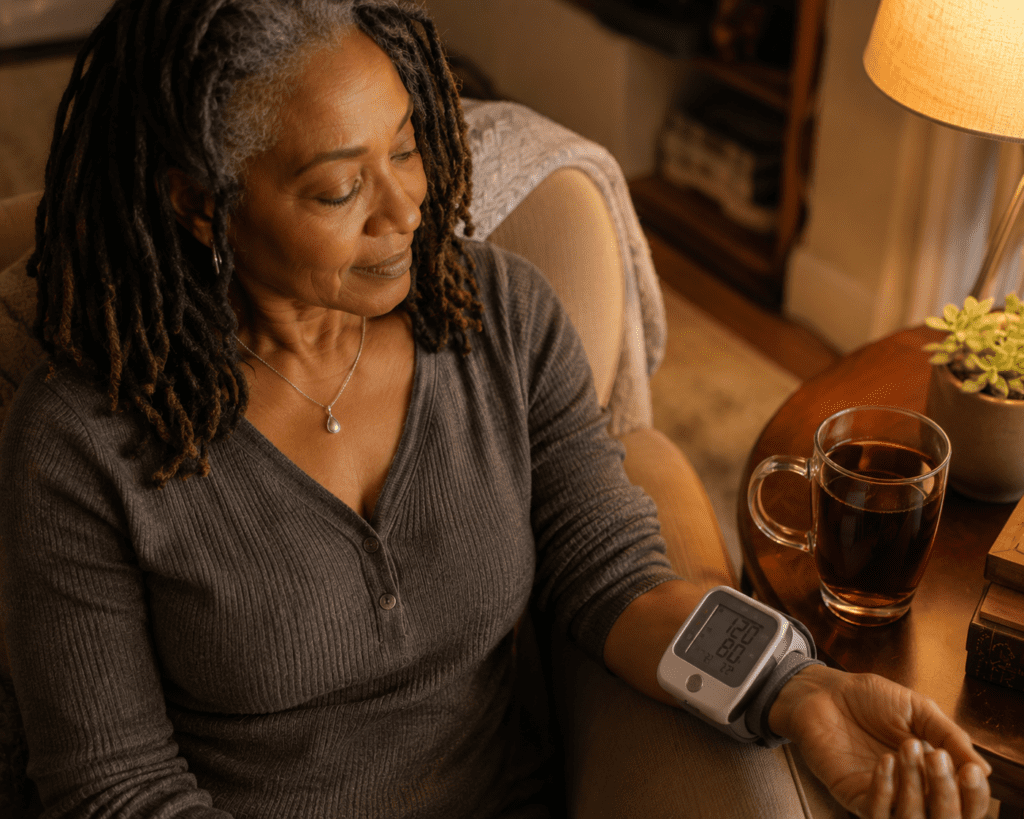 Woman in her 60s checking blood pressure at home alongside hibiscus tea
