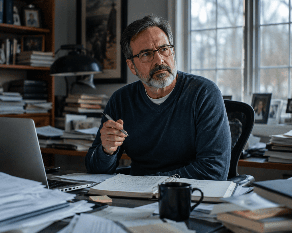 Man in his late 50s losing focus at home office desk mid-task