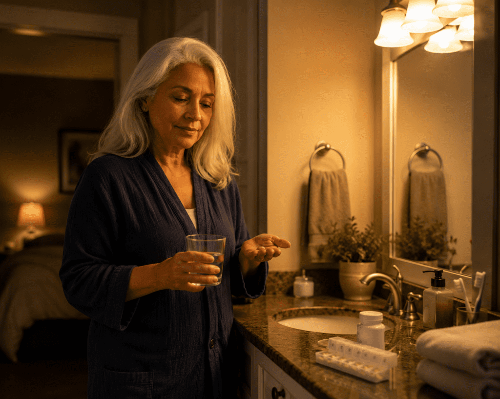 Older woman taking magnesium glycinate supplement during her nightly bathroom routine