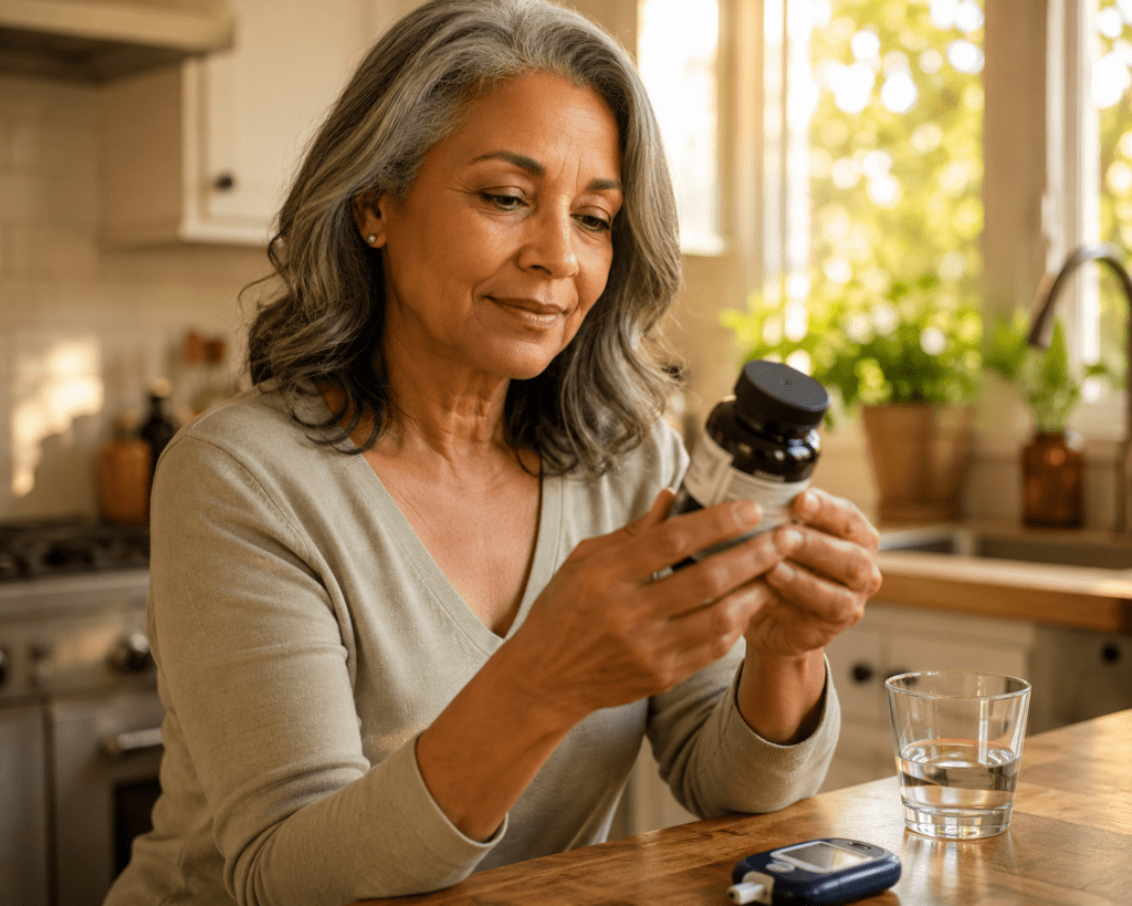 Woman in her 60s reading magnesium glycinate supplement label near glucose meter