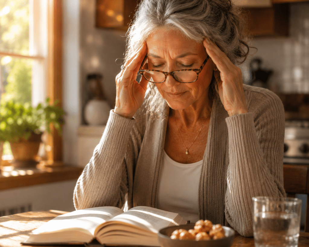 Woman over 60 concentrating at kitchen table with walnuts symbolizing omega-3 brain health