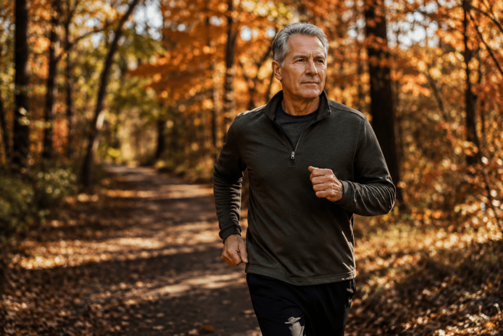 Active man in his late 60s power walking on autumn trail for natural weight loss