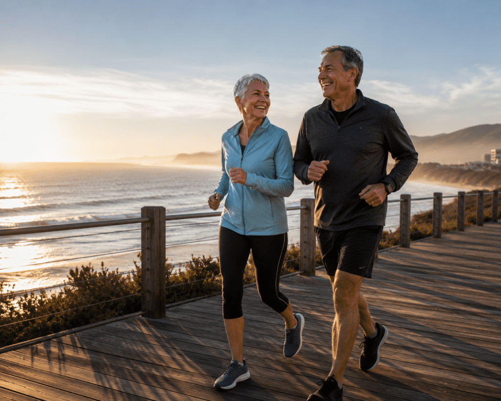 Active senior couple power-walking on coastal boardwalk at sunrise laughing
