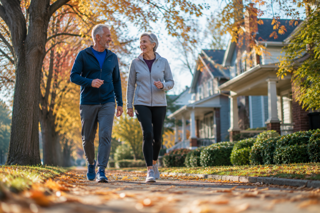 two active older adults walking outdoors in autumn for blood sugar health
