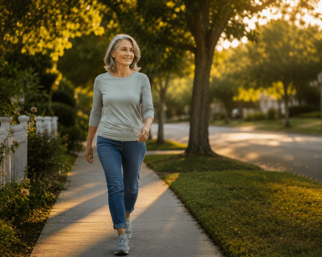 Active woman over 60 walking outdoors to support healthy blood sugar levels