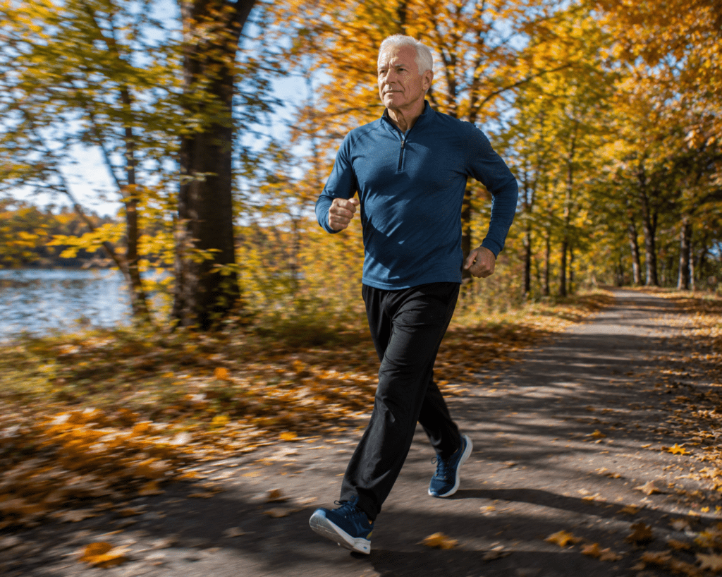 Active man in his late 60s power-walking in autumn park for brain health