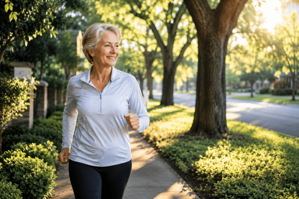 Woman over 60 doing aerobic walking to support brain health and prevent cognitive decline