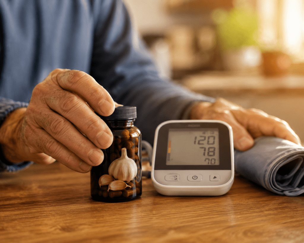 Aged garlic extract supplement bottle next to blood pressure monitor on kitchen table