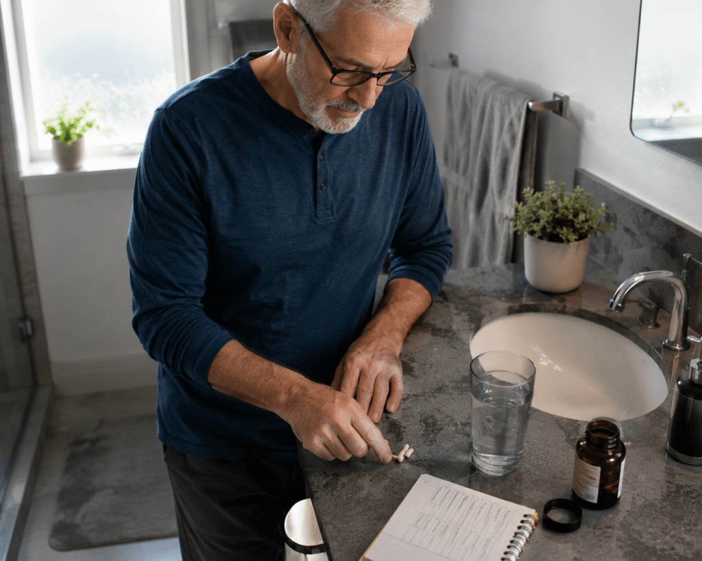 Older man organizing aged garlic extract capsules with blood pressure tracking notebook

